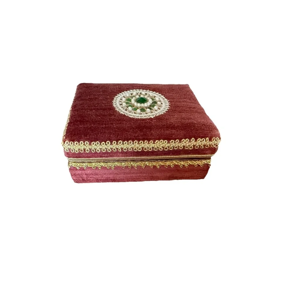 Burgundy Velvet  Embellished Jewelry Box with Gold Floral Accent 4.5x4x2